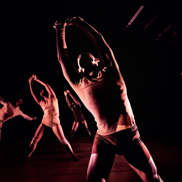 4 dancers in various shades of flesh colored clothing with arms outstretched to the sky. another dancer standing on leg with arms and his other leg outstretched to the sky.