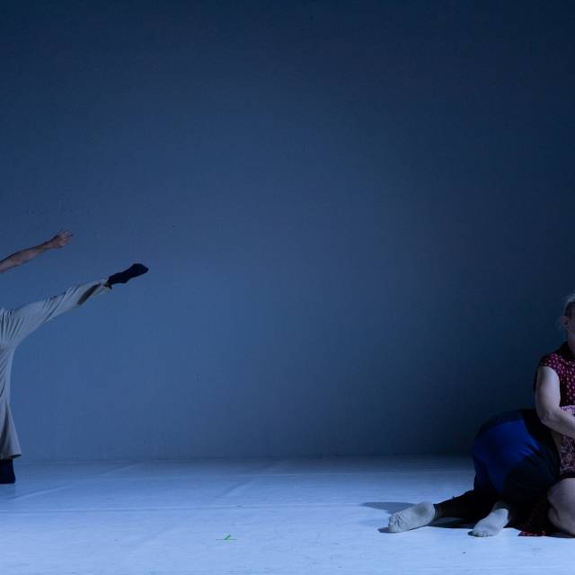 a woman cradles a body on her lap while in the background a man extends his leg into arabesque, assisted by a woman