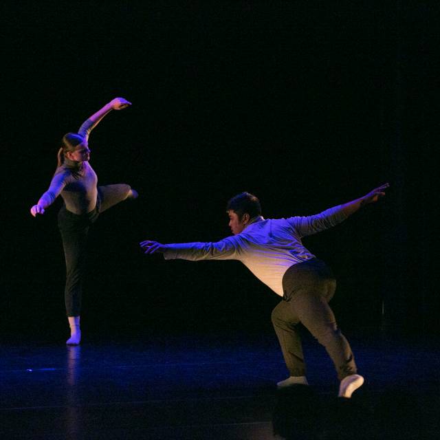a woman balances on one leg while a man in a lunge stretches out his arms 